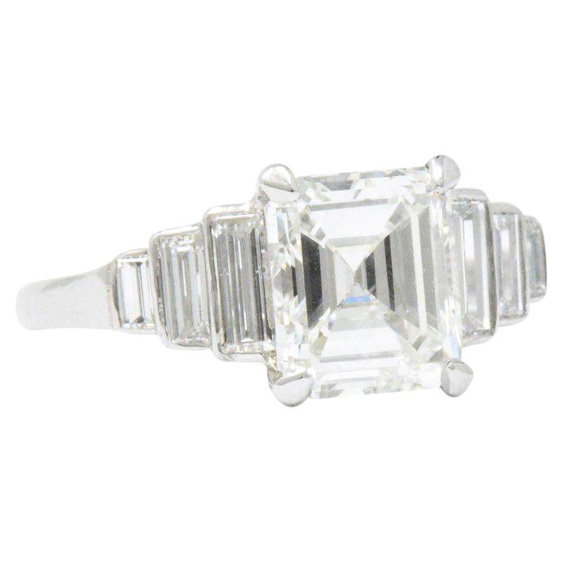Retro 2.71 Carats Emerald Cut Diamond Platinum Engagement Ring GIA