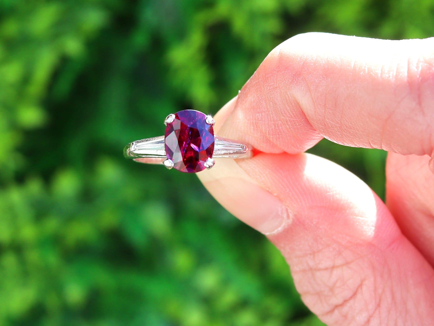 A fine and impressive vintage 2.73 carat ruby and 0.18 karat diamond, platinum ring; part of our vintage jewelry and estate jewelry collections.

This fine and impressive vintage ruby ring has been crafted in platinum.

The pierced decorated setting