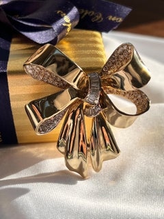 Vintage 2.74tcw Pave Diamond 14k Yellow Gold Bow Brooch 1980s