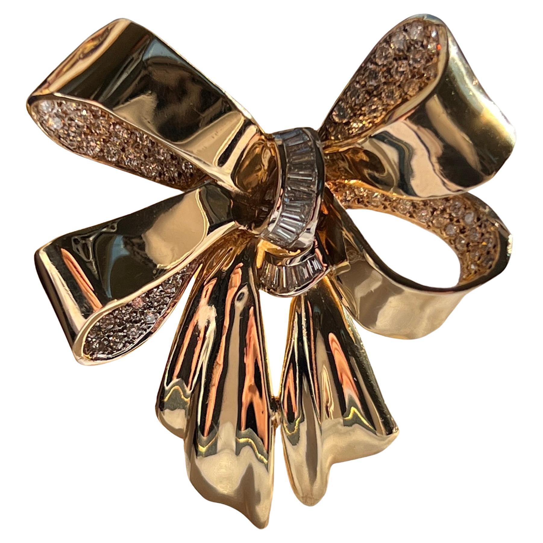 Vintage 2.74tcw Pave Diamond 14k Yellow Gold Bow Brooch 1980
