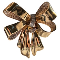 Vintage 2.74tcw Pave Diamond 14k Yellow Gold Bow Brooch 1980