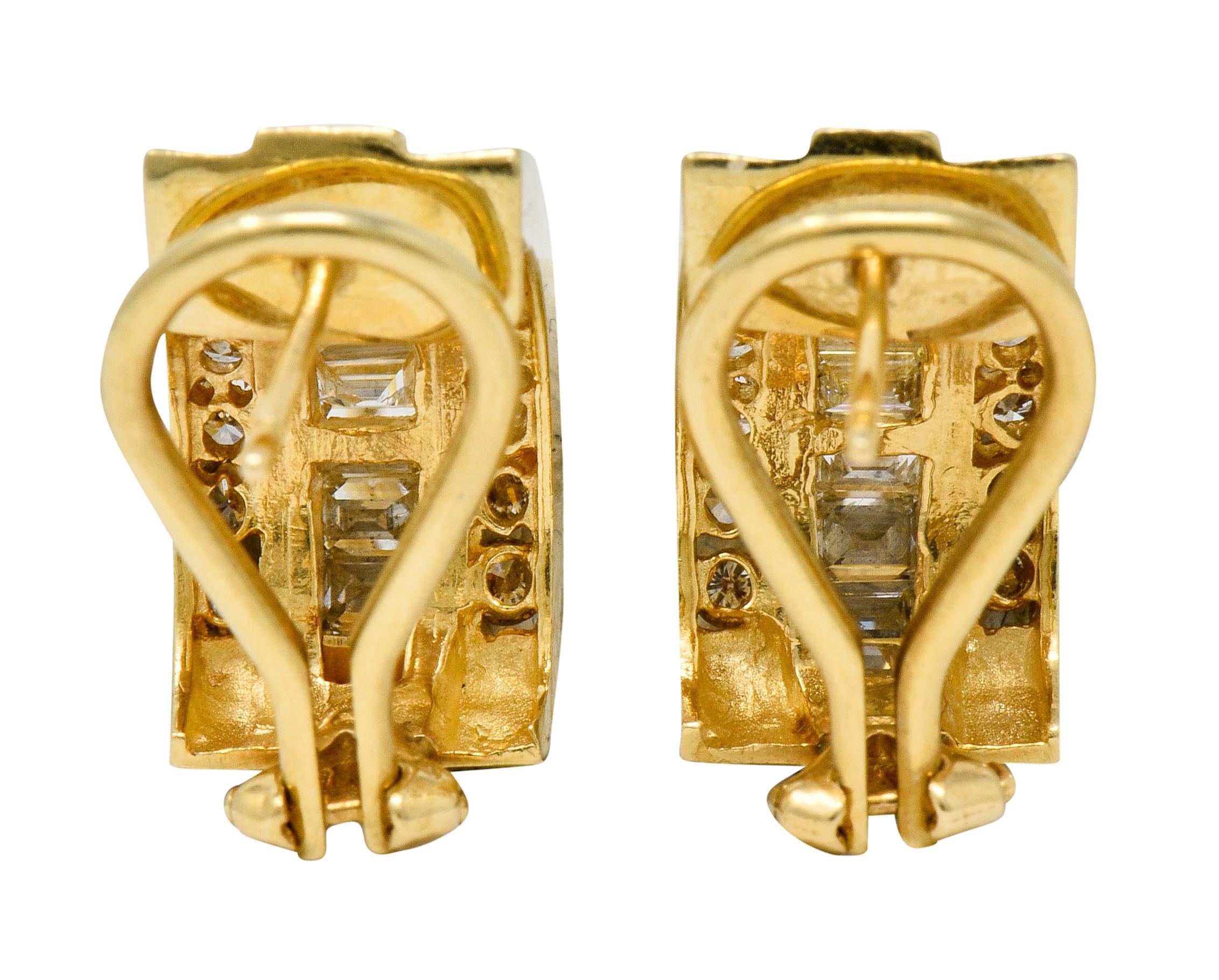 Vintage 2.75 Carat Diamond 14 Karat Gold Channel Set J Hoop Earrings In Excellent Condition In Philadelphia, PA
