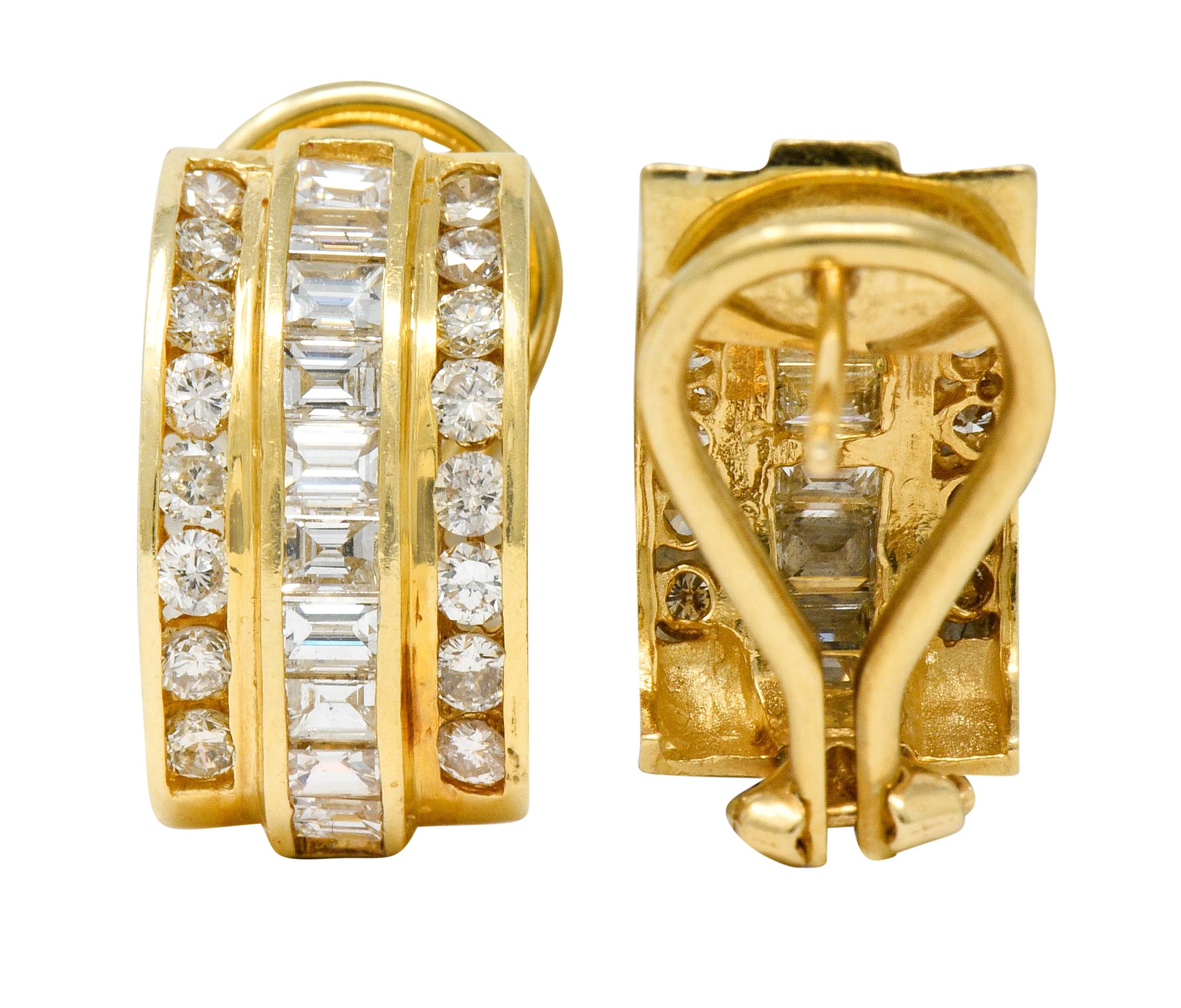 Women's or Men's Vintage 2.75 Carat Diamond 14 Karat Gold Channel Set J Hoop Earrings