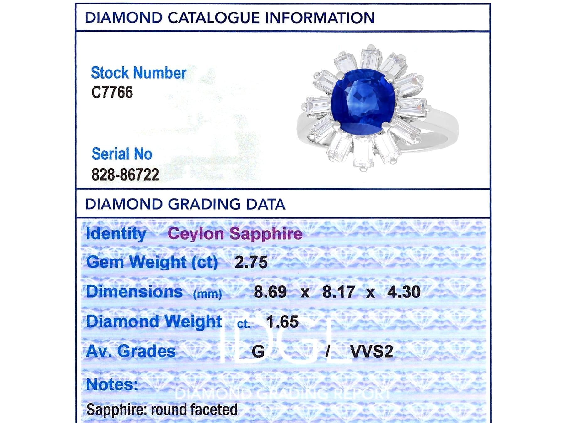 Vintage 2.75ct Ceylon Blue Sapphire and 1.65ct Diamond Platinum Cluster Ring  For Sale 5