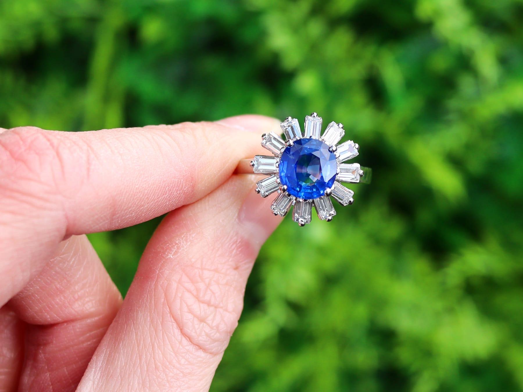 A stunning and impressive vintage 2.75 carat Ceylon sapphire and 1.65 carat diamond, platinum set dress ring; part of our diverse antique estate jewelry collections

This stunning, fine and impressive vintage sapphire ring has been crafted in