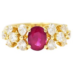 Vintage 2.77 Carats Oval Cut Burma Ruby Pear Cut Diamond 18 Karat Gold Ring GIA