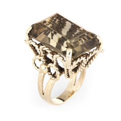 27 Carat Yellow Quartz Ring 14 Karat Gold Large Emerald Cut Estate Jewelry