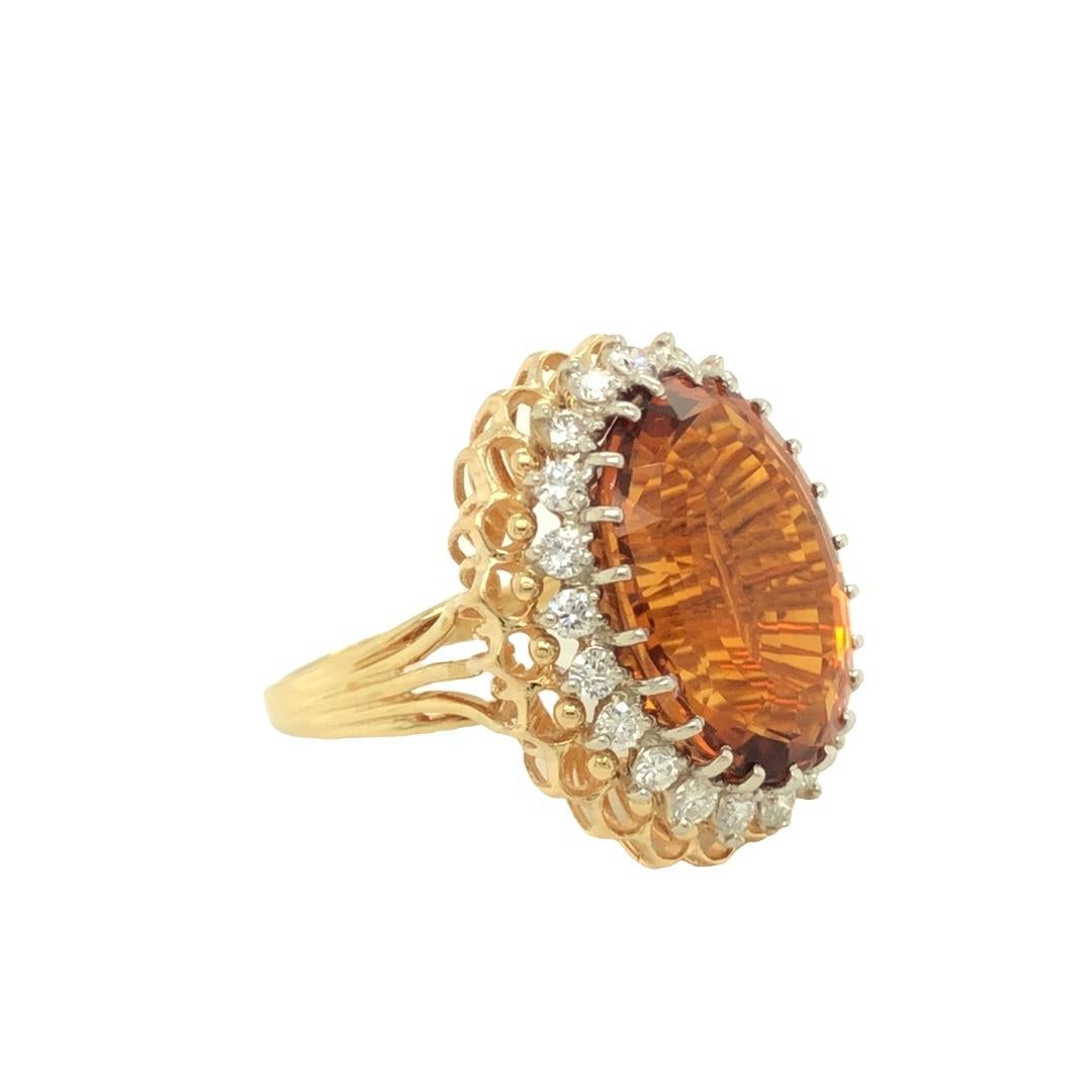 Oval Cut Vintage 28 Ct Oval Citrine and Diamond 18K White and Yellow Gold Ring For Sale