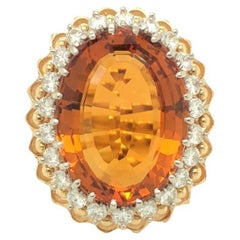 Vintage 28 Ct Oval Citrine and Diamond 18K White and Yellow Gold Ring