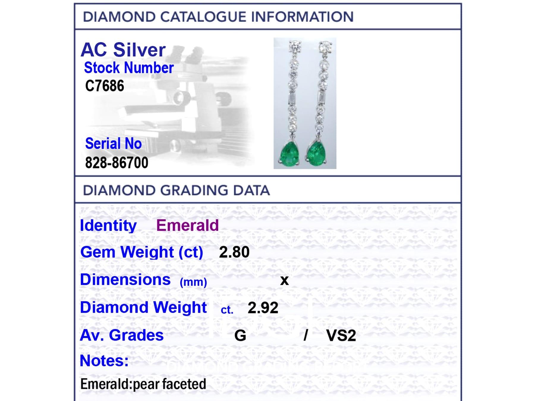 Vintage 2.80 Carat Emerald and 2.92 Carat Diamond Platinum Drop Earrings For Sale 2