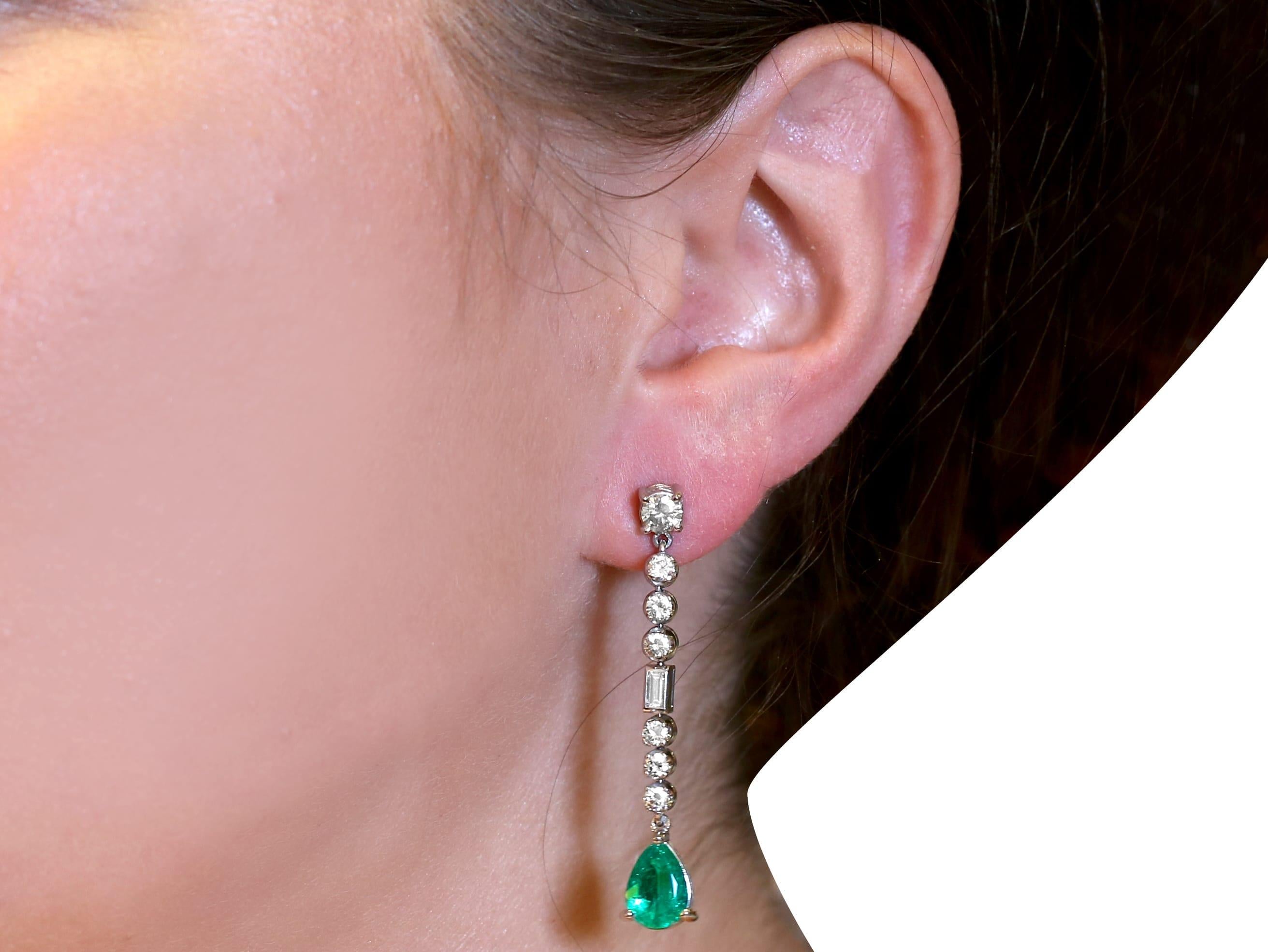 Vintage 2.80 Carat Emerald and 2.92 Carat Diamond Platinum Drop Earrings For Sale 3