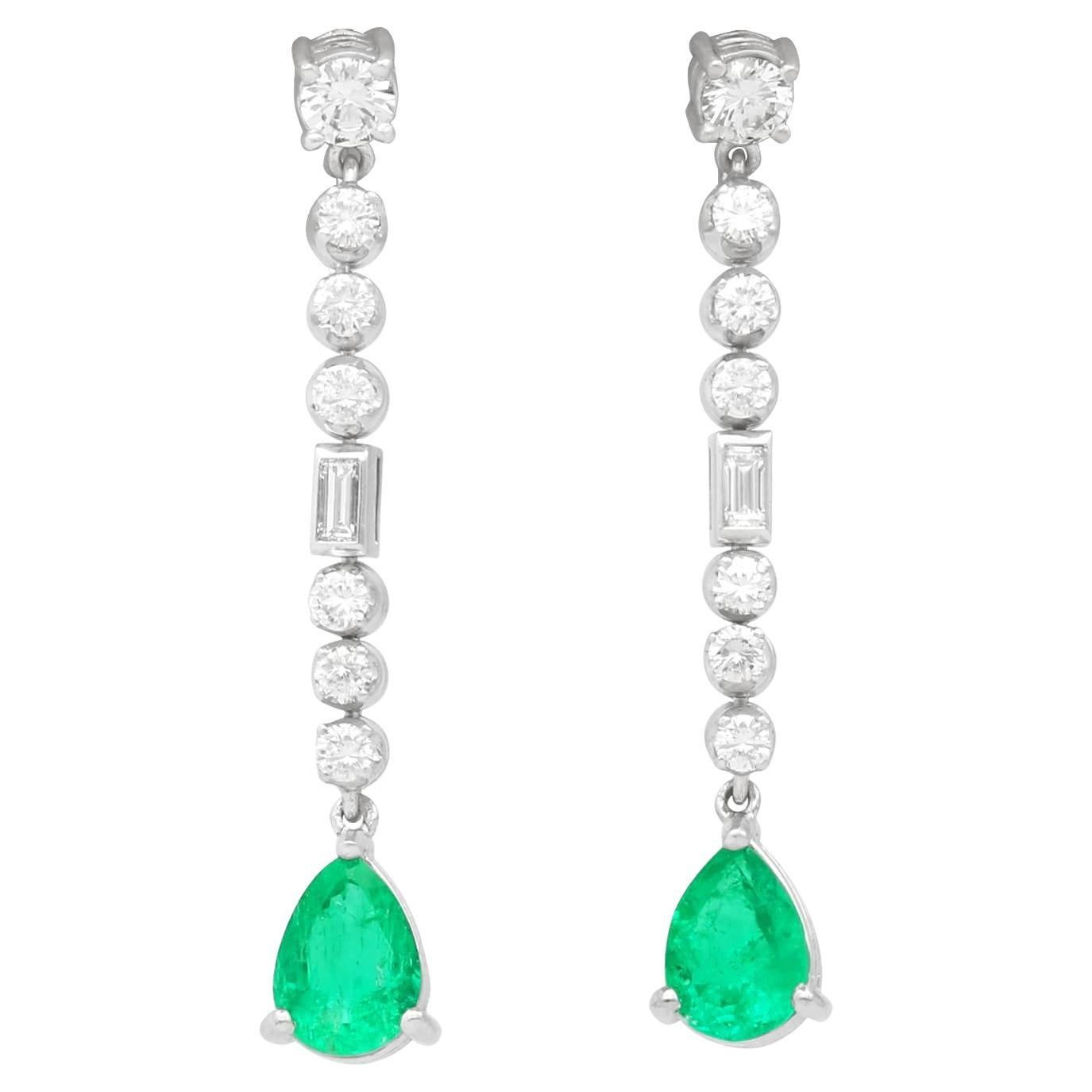 Vintage 2.80 Carat Emerald and 2.92 Carat Diamond Platinum Drop Earrings For Sale