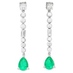 Retro 2.80 Carat Emerald and 2.92 Carat Diamond Platinum Drop Earrings