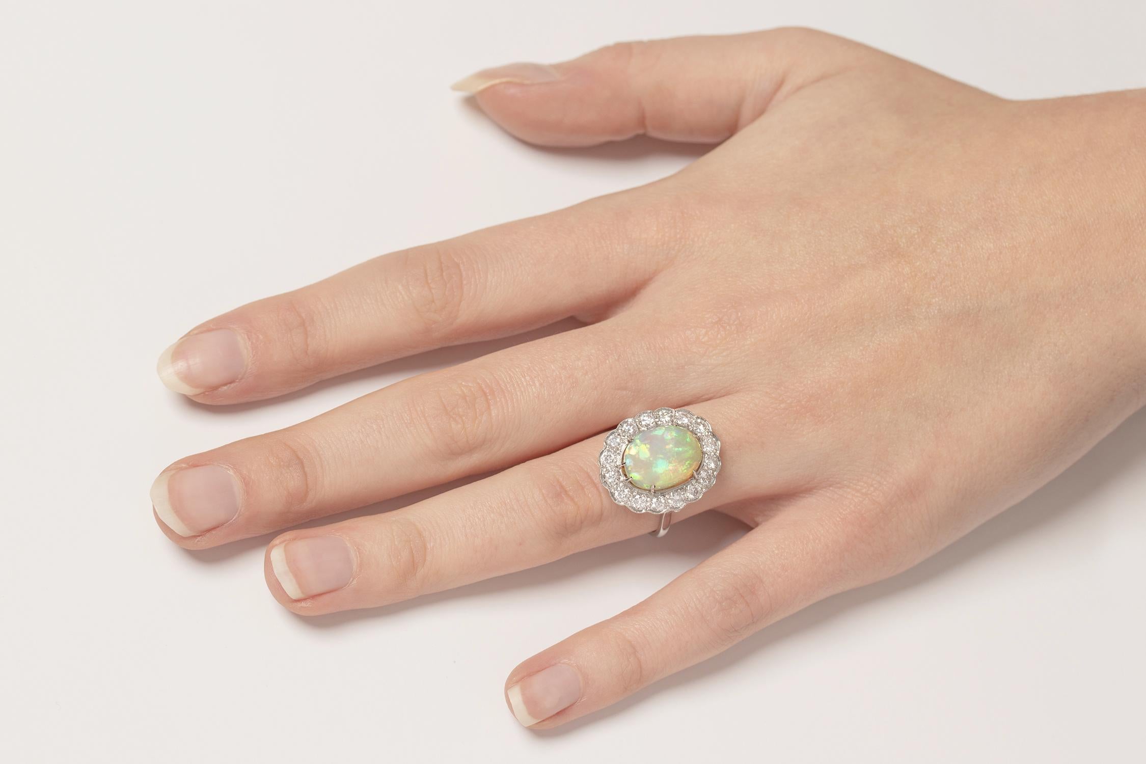 Vintage 2.80 Carat Opal and Diamond Cluster Ring, circa 1940s For Sale 1