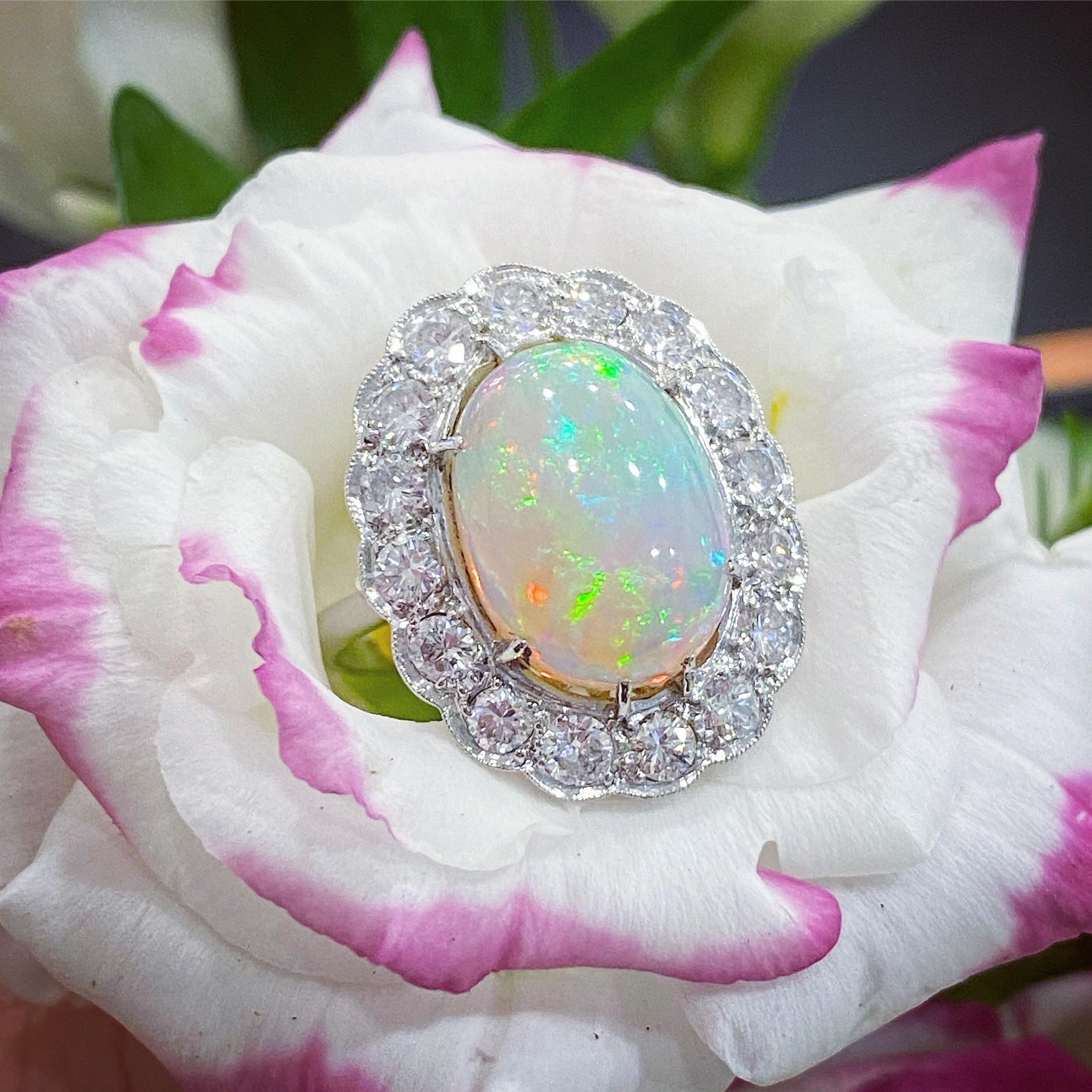 Vintage 2.80 Carat Opal and Diamond Cluster Ring, circa 1940s For Sale 2