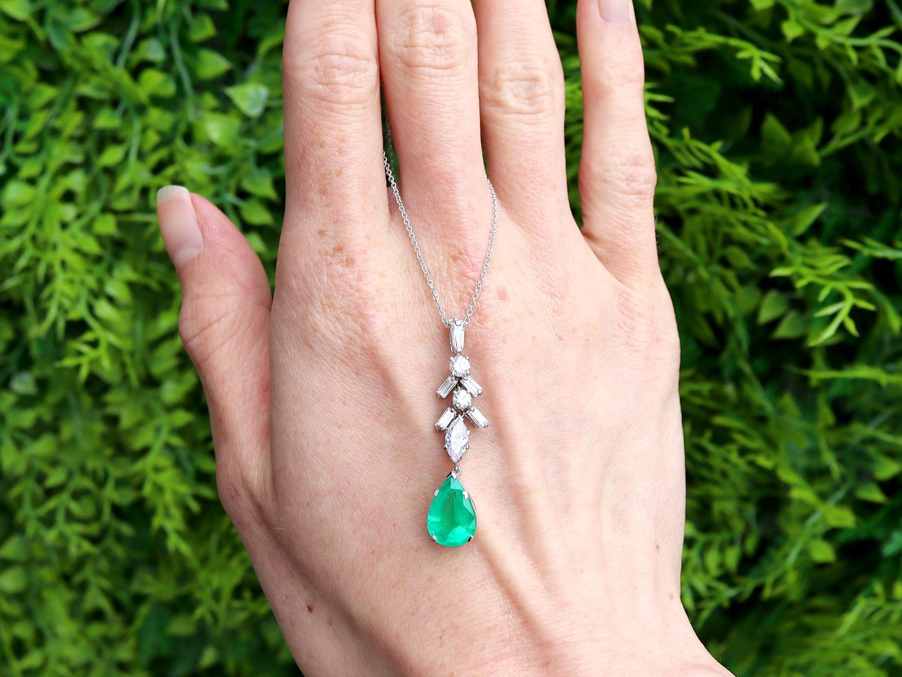 A stunning, fine and impressive vintage 2.80 carat emerald and 1.04 carat diamond, platinum pendant; part of our diverse pear cut jewellery collection.

This fine and impressive vintage pendant has been crafted in platinum.

The pieced decorated