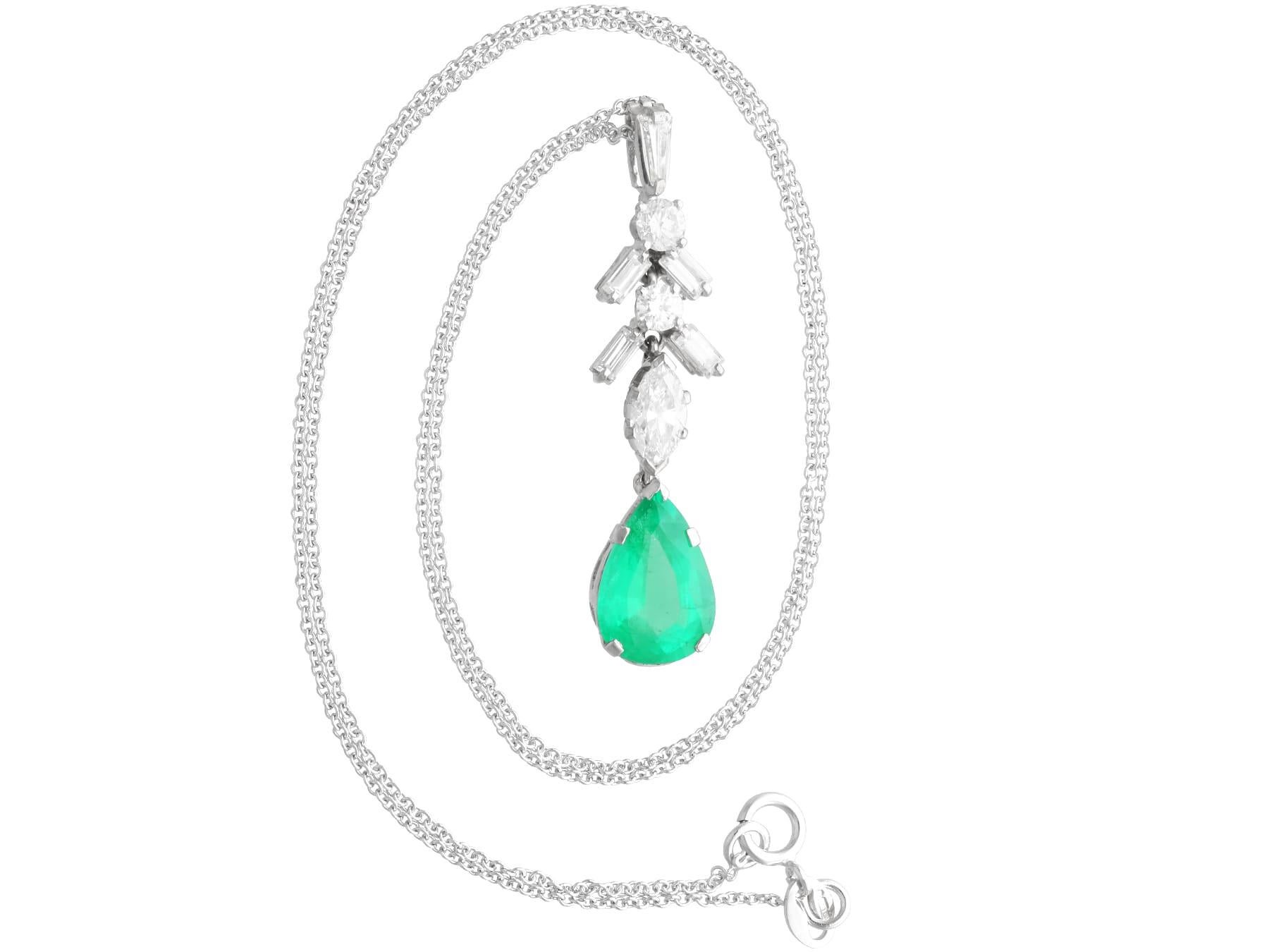 Pear Cut Vintage 2.80Ct Emerald and 1.04Ct Diamond, Platinum Pendant Circa 1990 For Sale