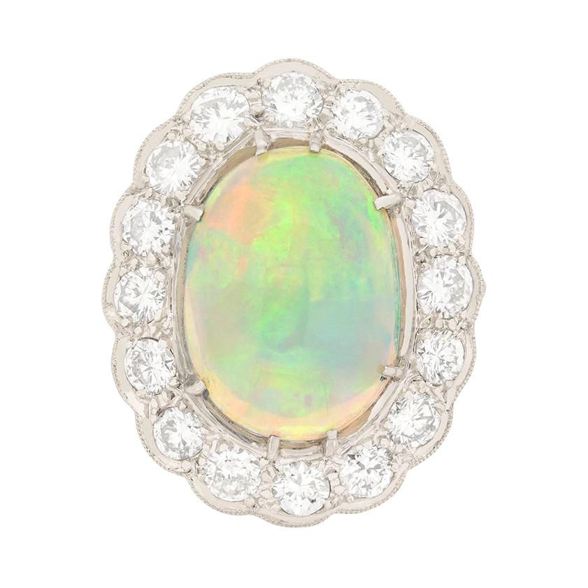 Vintage 2.80 Carat Opal and Diamond Cluster Ring, circa 1940s For Sale
