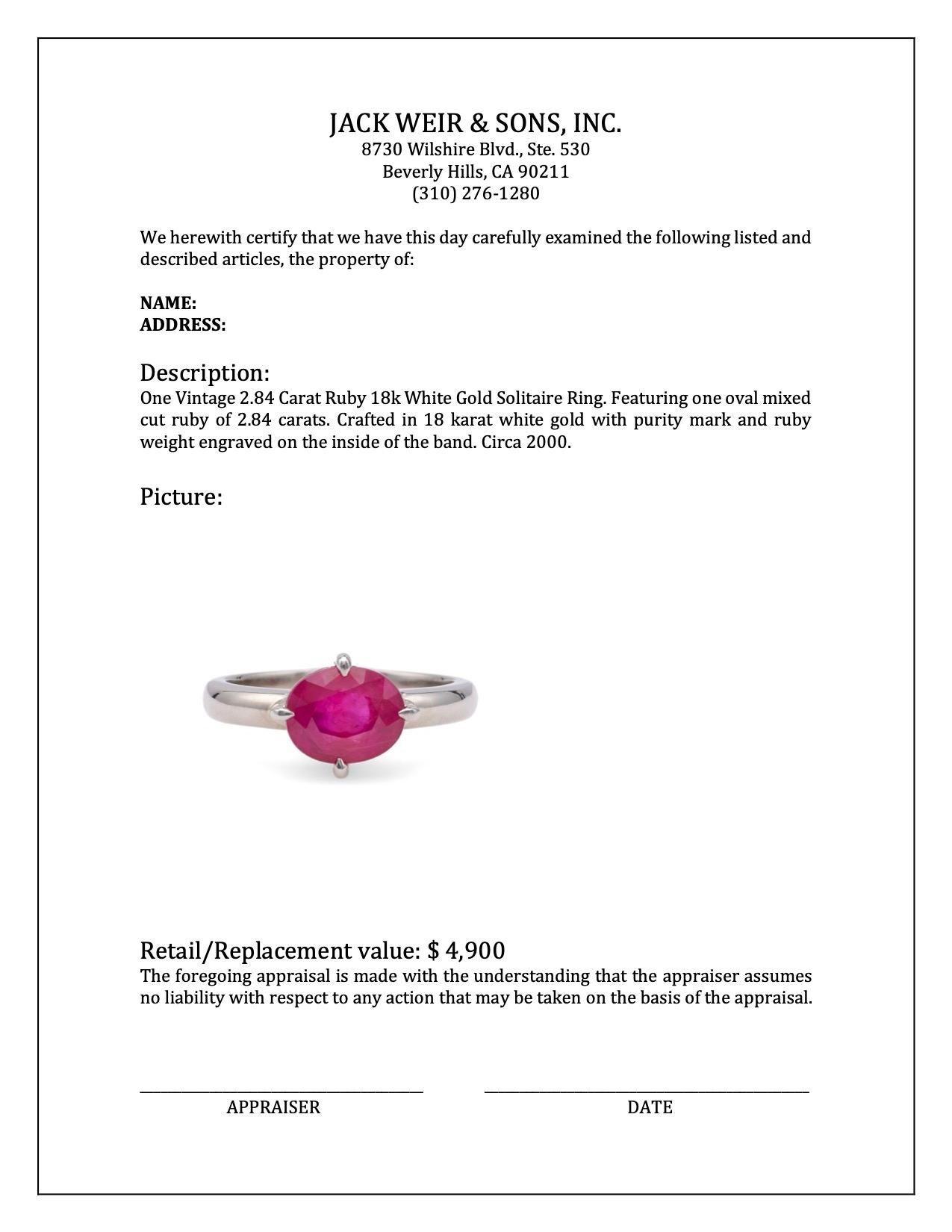 Women's or Men's Vintage 2.84 Carat Ruby 18k White Gold Solitaire Ring For Sale