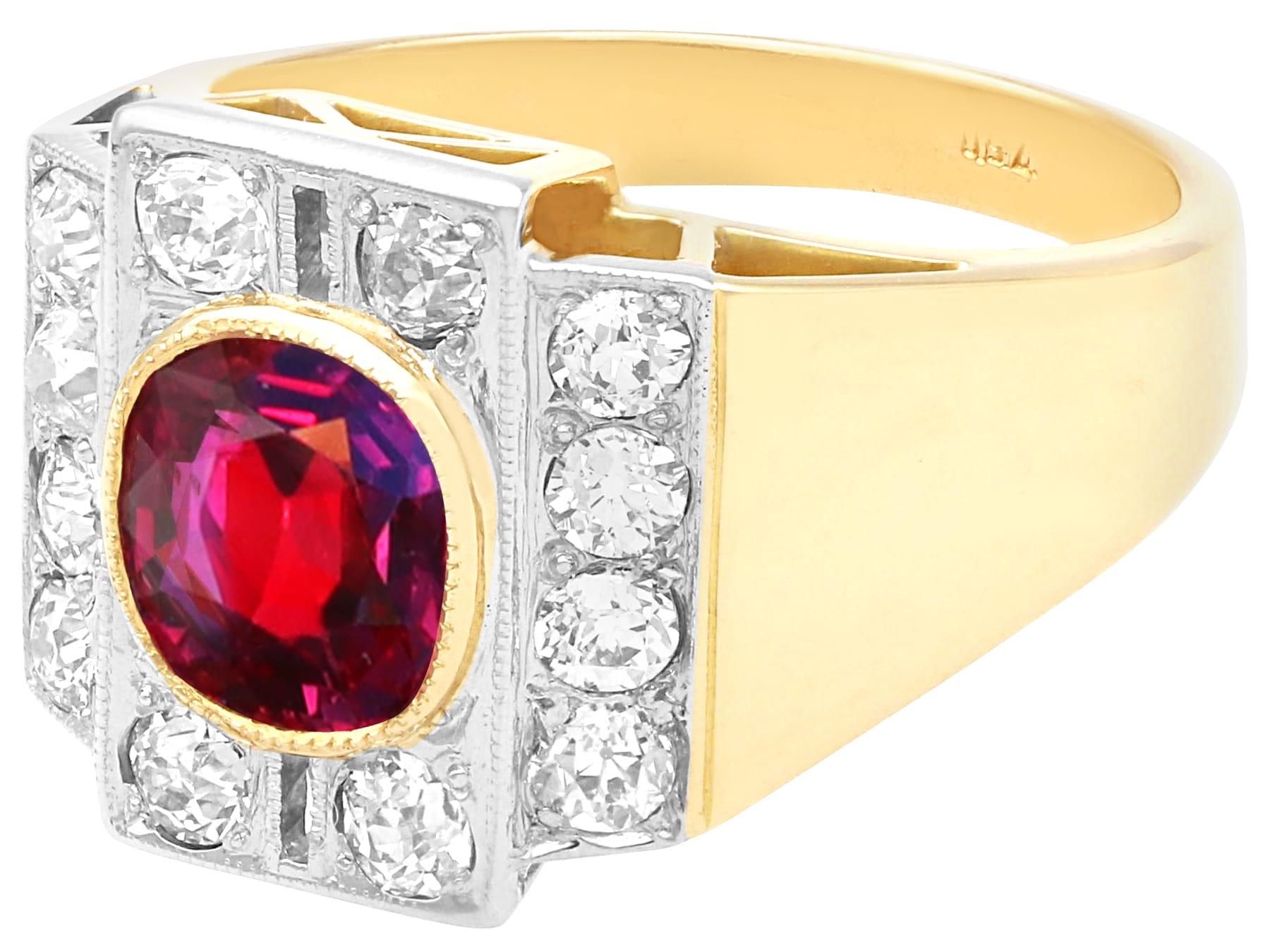 Cushion Cut Vintage 2.84 Carat Thai Ruby and 1.45 Carat Diamond Yellow Gold Dress Ring For Sale