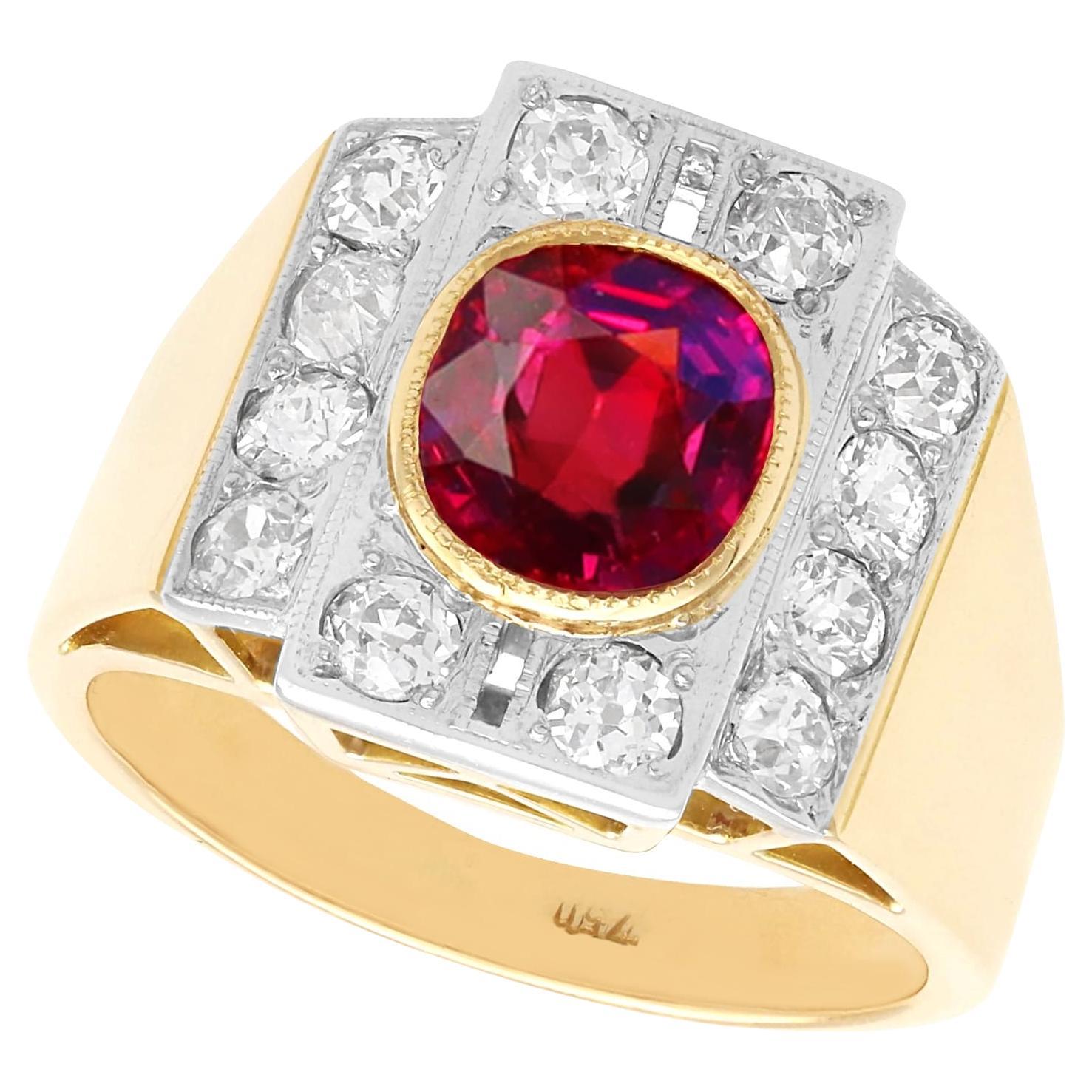 Vintage 2.84 Carat Thai Ruby and 1.45 Carat Diamond Yellow Gold Dress Ring For Sale