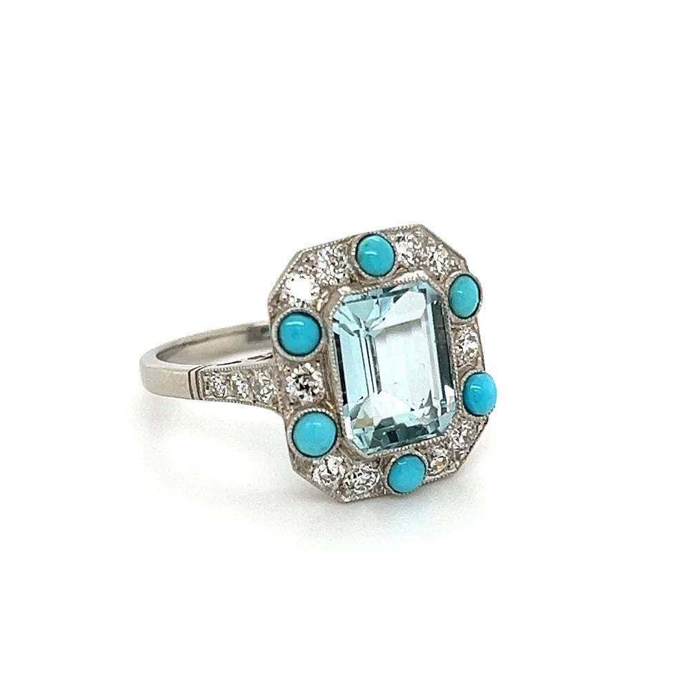 Simply Beautiful! Sensational Art Deco Aquamarine Turquoise and Diamond Cocktail Ring. Centering a securely nestled Hand set Natural Emerald-cut Aquamarine, weighing approx. 2.85 Carat. Surrounded by Turquoise and OEC Diamonds, approx. 0.75 total