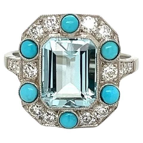 Vintage 2.85 Carat Aquamarine Turquoise and Diamond Platinum Cocktail Ring