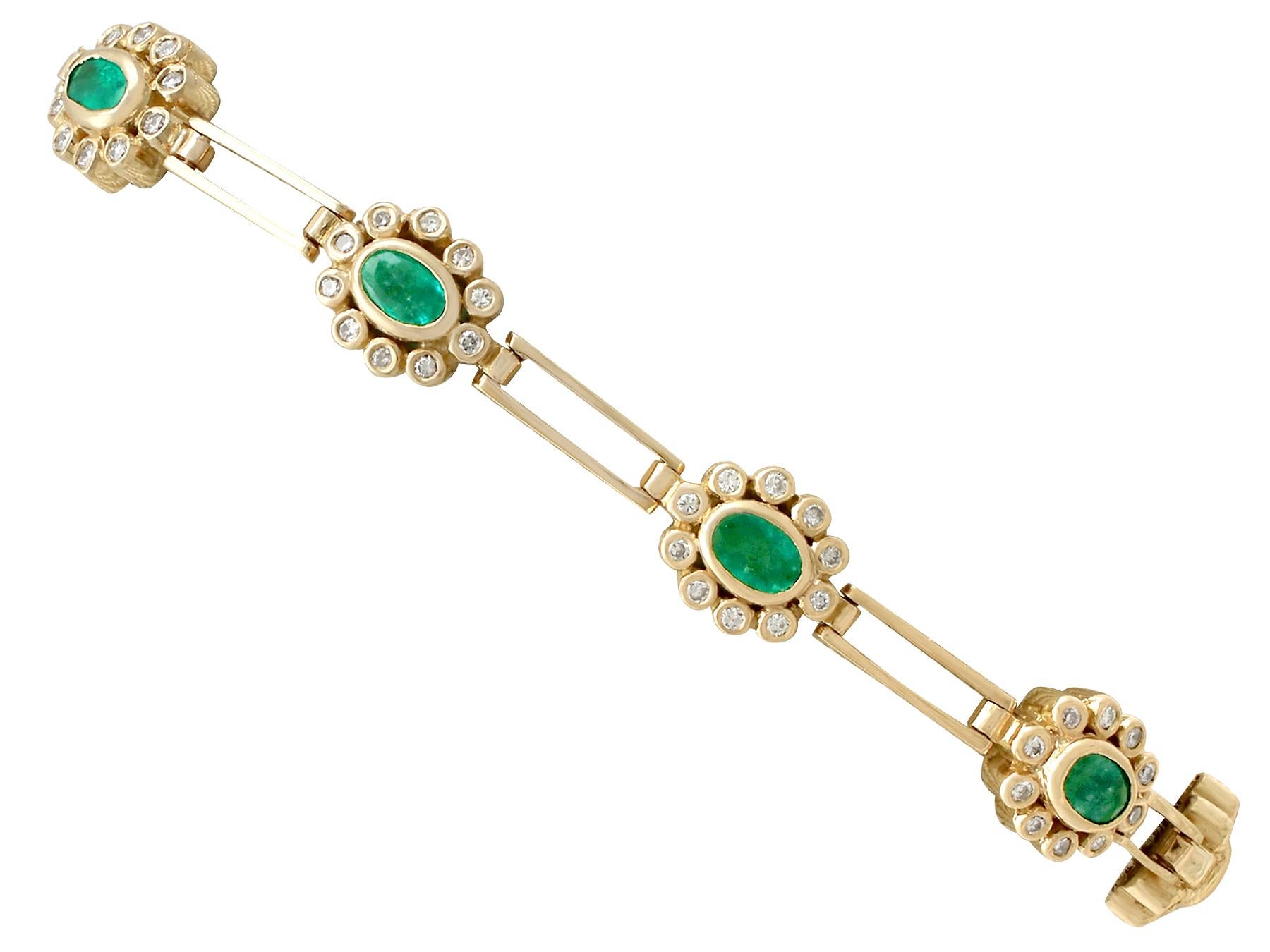 An impressive vintage 2.85 carat emerald and 2.25 carat diamond, 18k yellow gold bracelet; part of our diverse gemstone jewelry collections.

This fine and impressive emerald and diamond bracelet has been crafted in 18k yellow gold.

The bracelet is