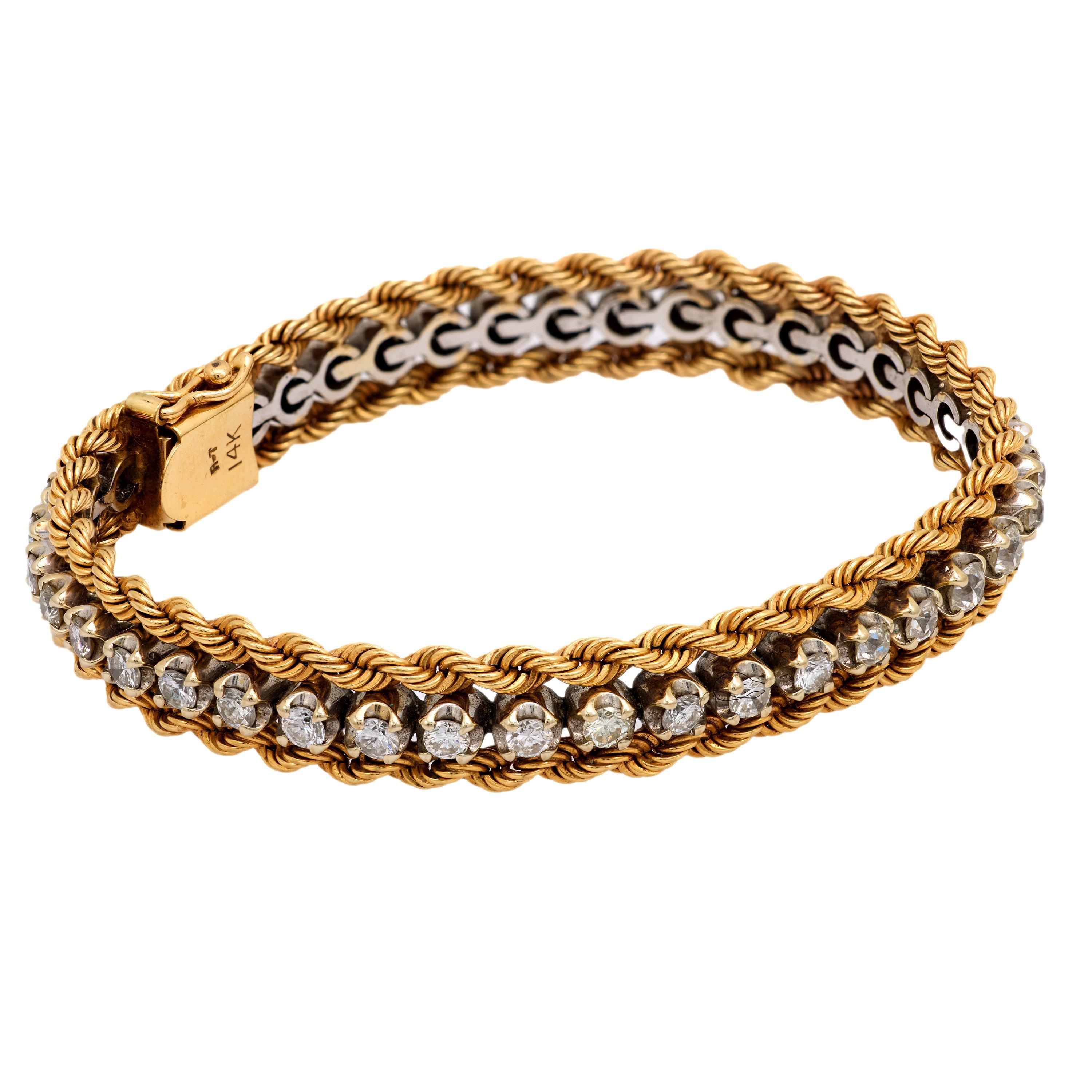 Pulsera vintage de oro amarillo de 14k con diamantes de 2,85 quilates de peso total Moderno en venta