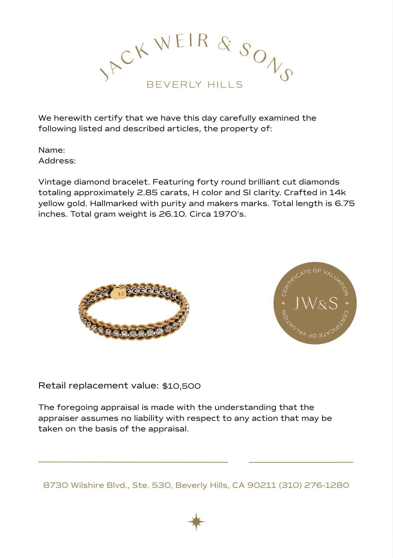 De las mujeres Pulsera vintage de oro amarillo de 14k con diamantes de 2,85 quilates de peso total en venta
