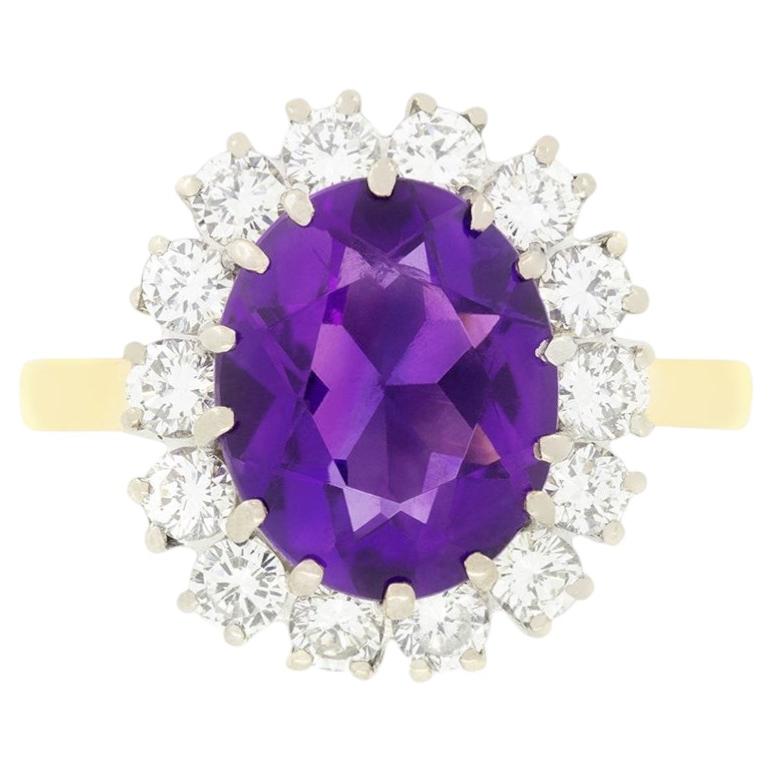 Anello d'epoca con ametista e diamanti a grappolo da 2,85 carati, con marchio di garanzia, 1985 ca. in vendita