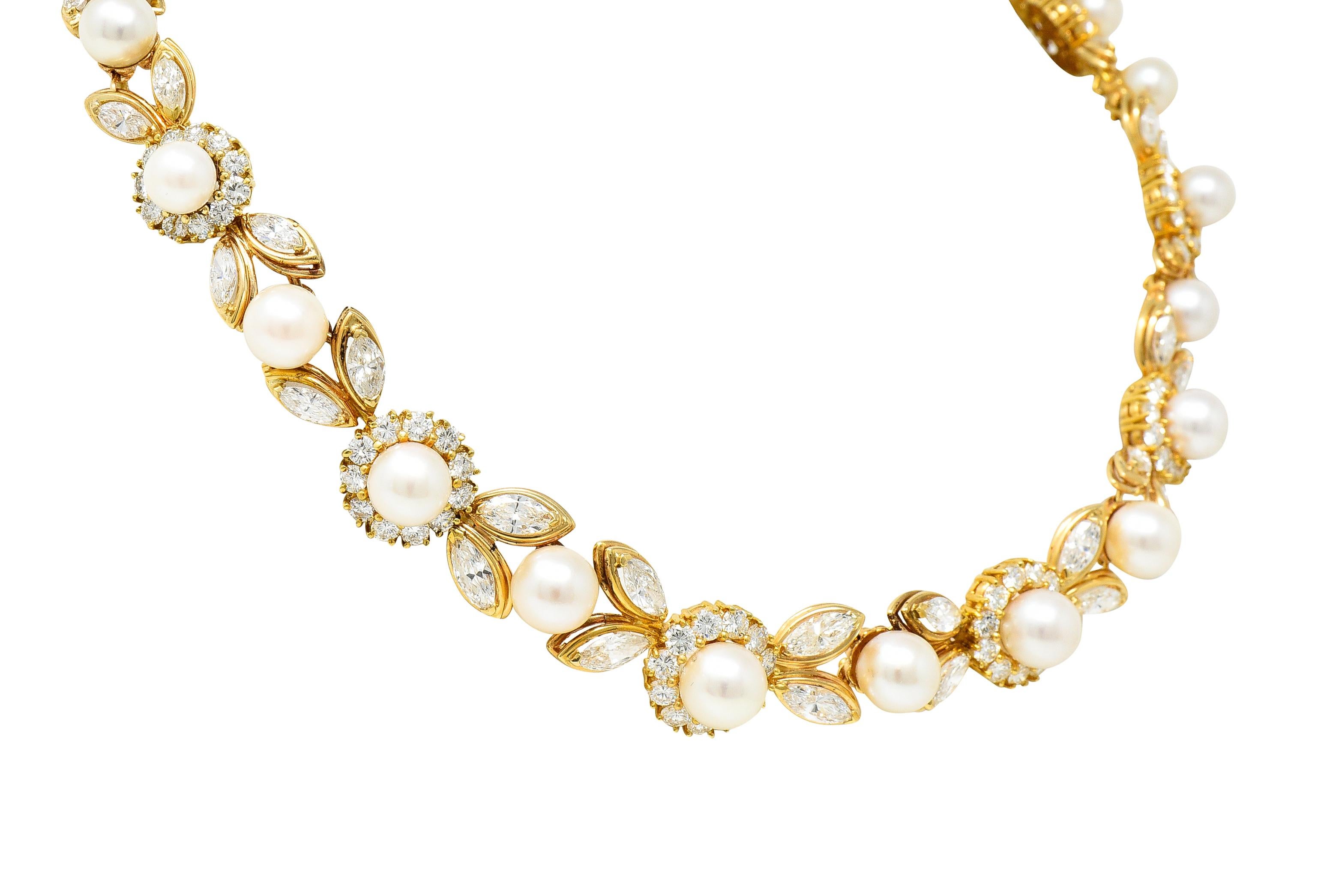 Vintage 28.61 Carat Diamond Pearl 18 Karat Garland Cluster Collar Necklace In Excellent Condition In Philadelphia, PA