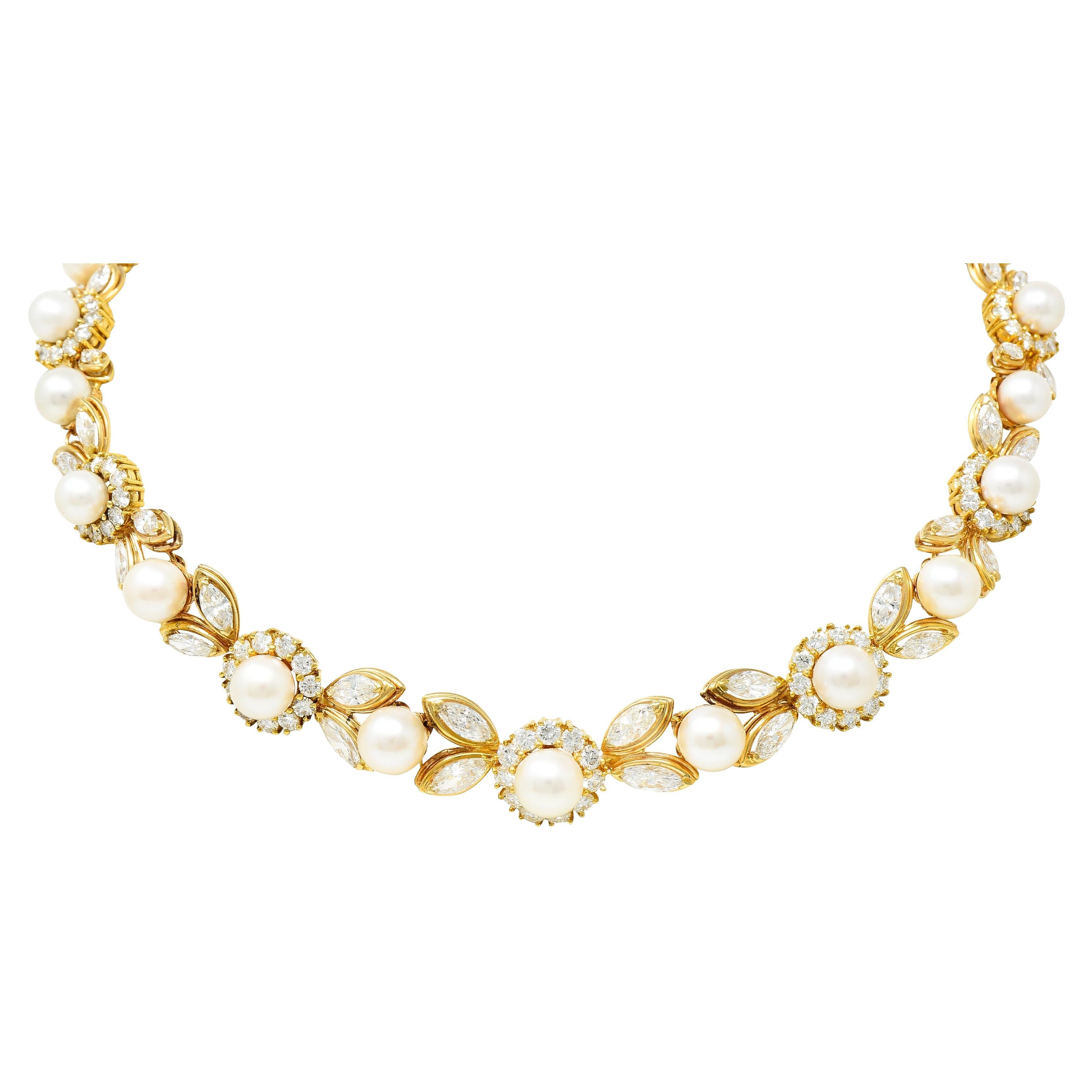 Vintage 28.61 Carat Diamond Pearl 18 Karat Garland Cluster Collar Necklace