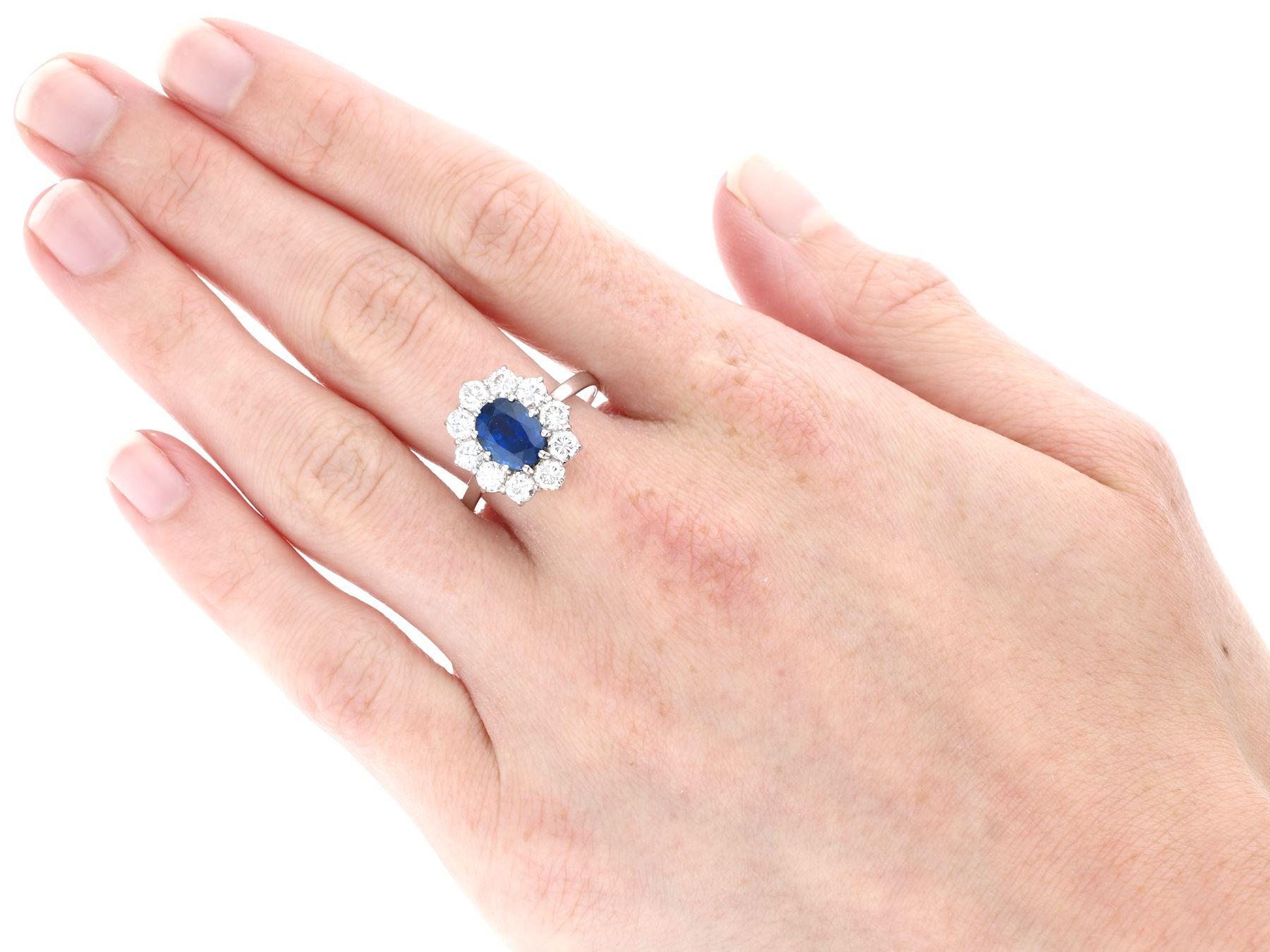 Vintage 2.87 Carat Sapphire and 1.4 Carat Diamond White Gold Cluster Ring For Sale 1