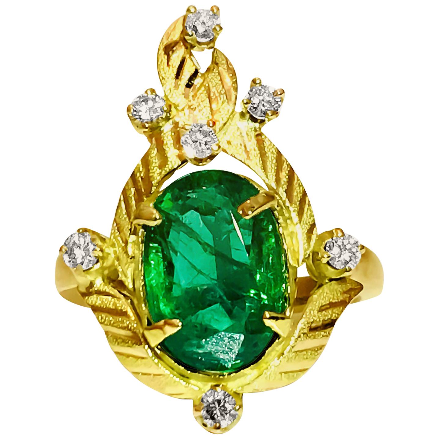 Vintage 2.89 Carat Emerald Diamond Cocktail Ring For Sale