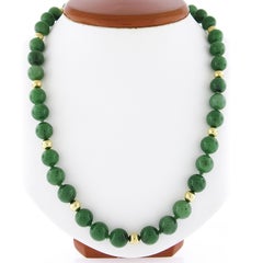 Vintage Round Nephrite Jade Bead Strand Necklace W/ 14k Gold Balls & Clasp