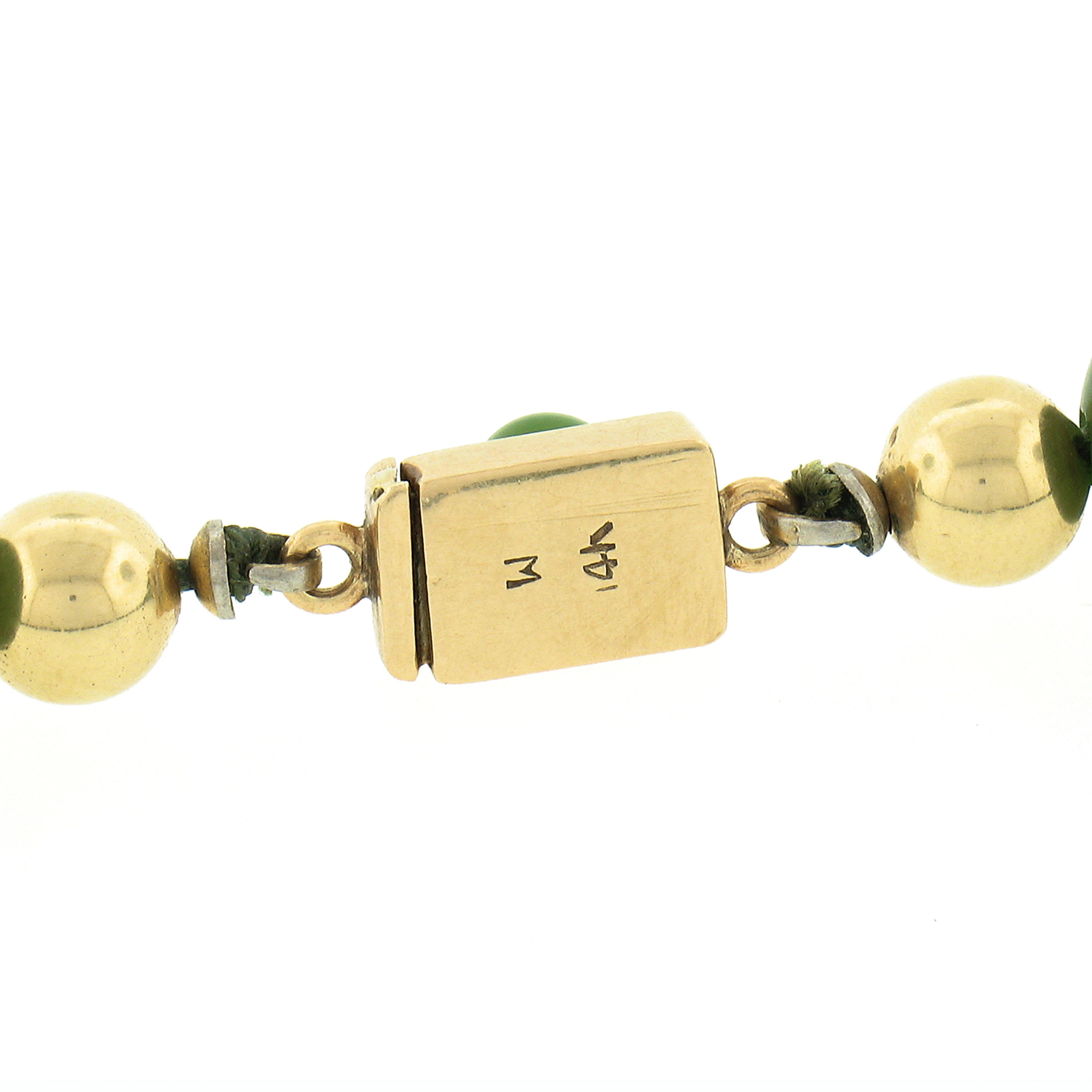 Retro Vintage Round Nephrite Jade Bead Strand Necklace W/ 14k Gold Balls & Clasp For Sale