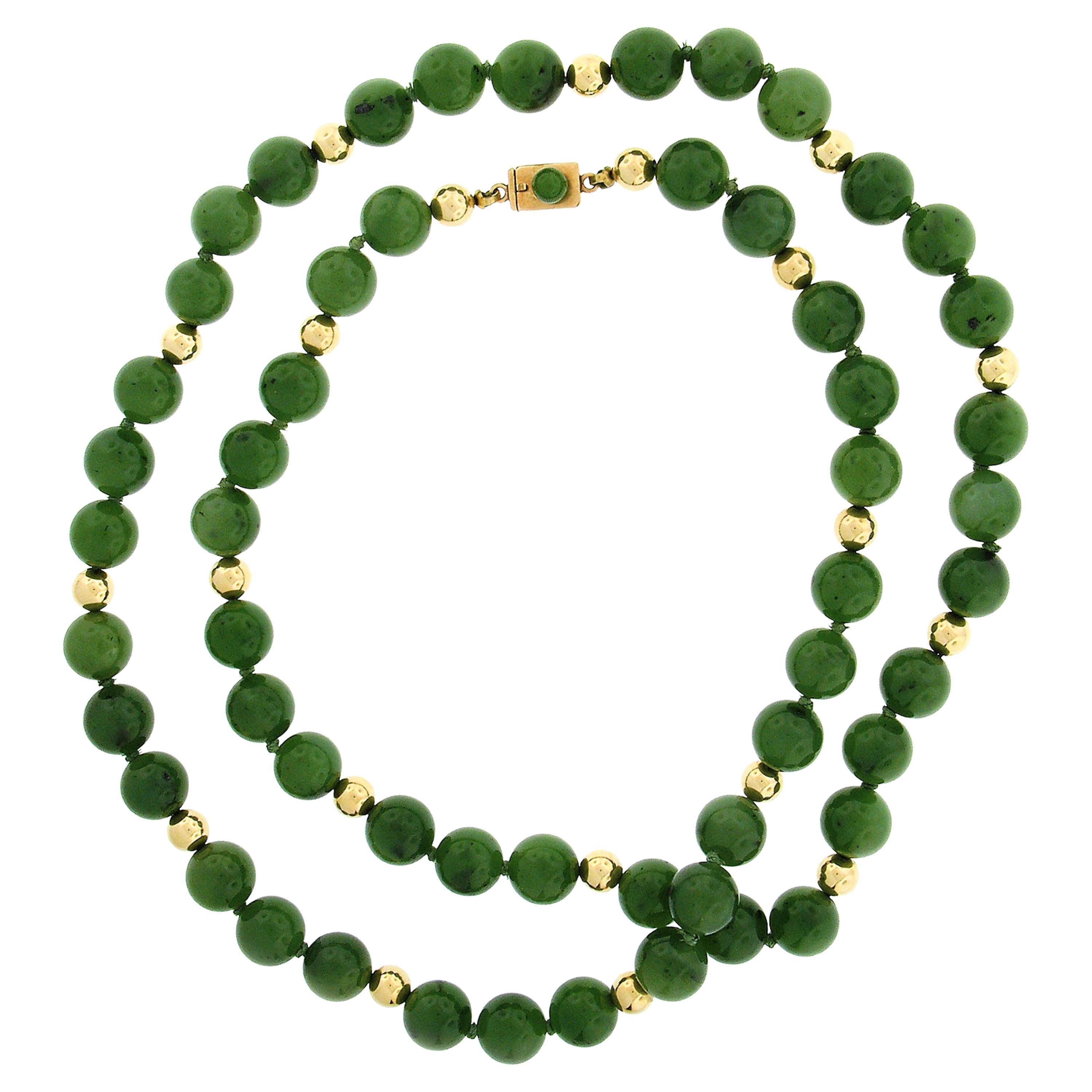 Vintage Round Nephrite Jade Bead Strand Necklace W/ 14k Gold Balls & Clasp For Sale