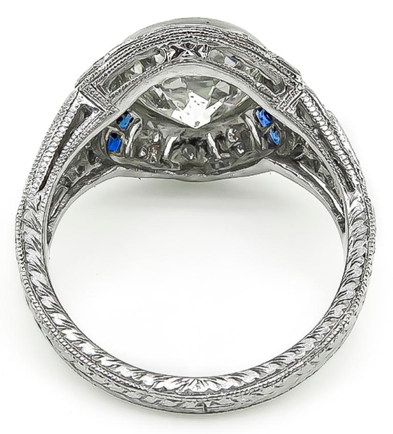 Old European Cut Vintage 2.90 Carat Diamond Sapphire Platinum Engagement Ring