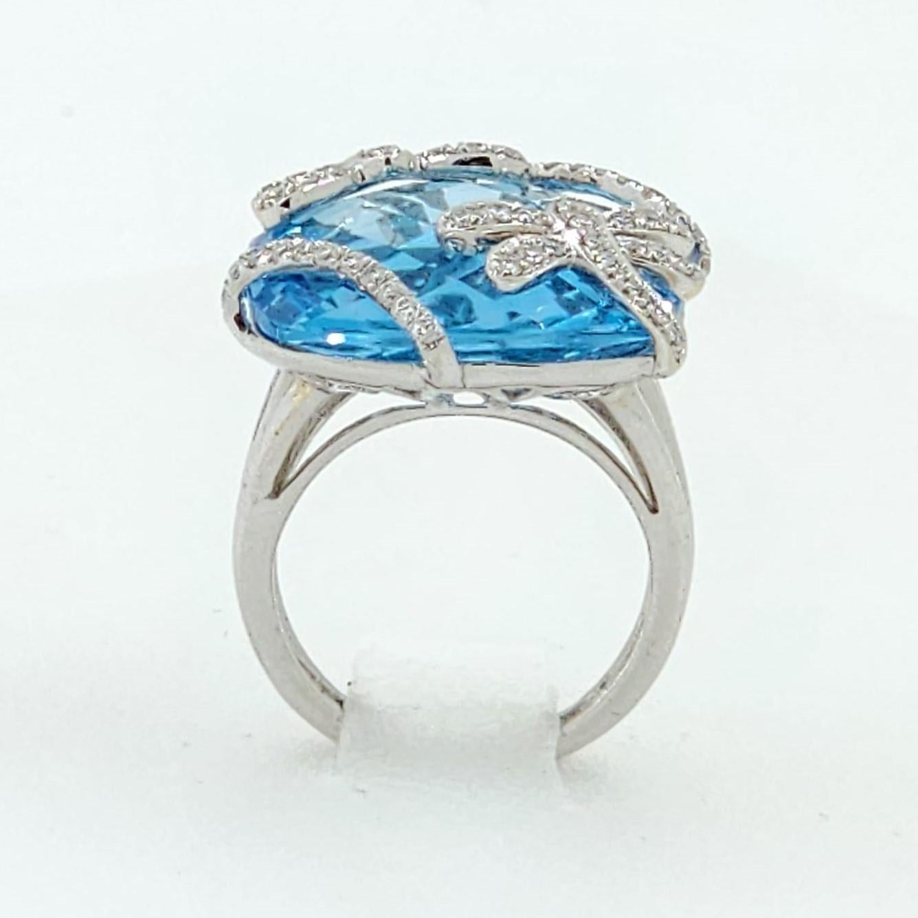 Cushion Cut Vintage 29.15 Carats Blue Topaz Diamond Cocktail Ring in 18 Karat White Gold For Sale