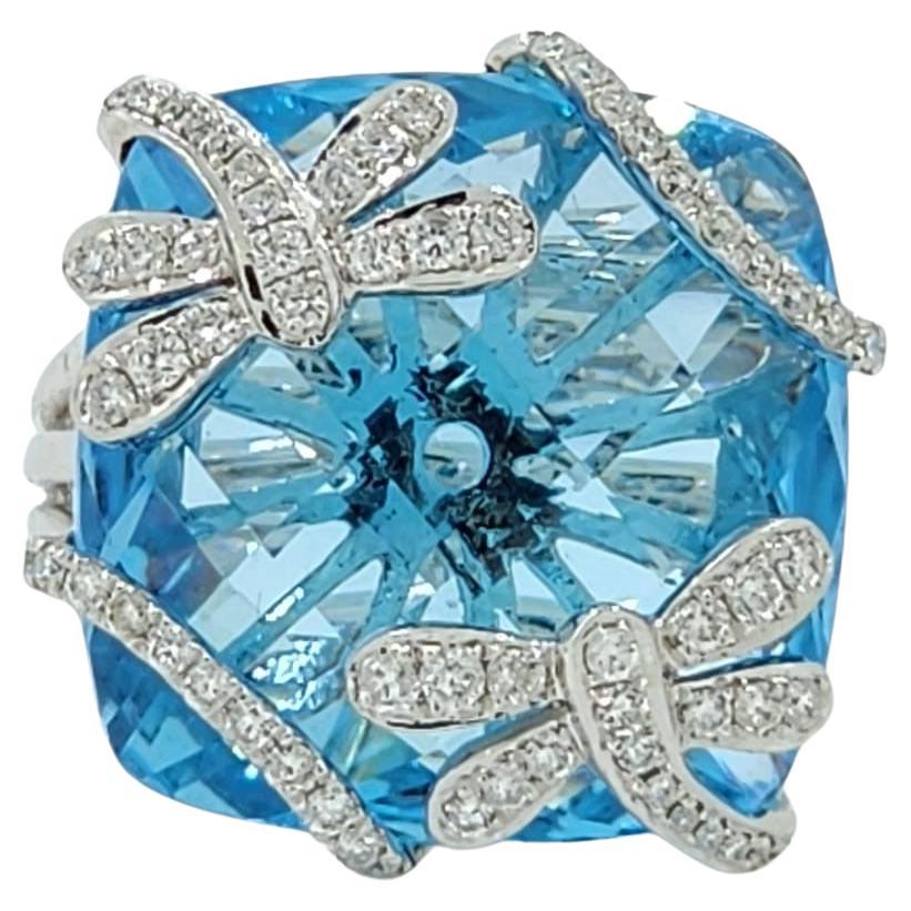 Vintage 29.15 Carats Blue Topaz Diamond Cocktail Ring in 18 Karat White Gold For Sale