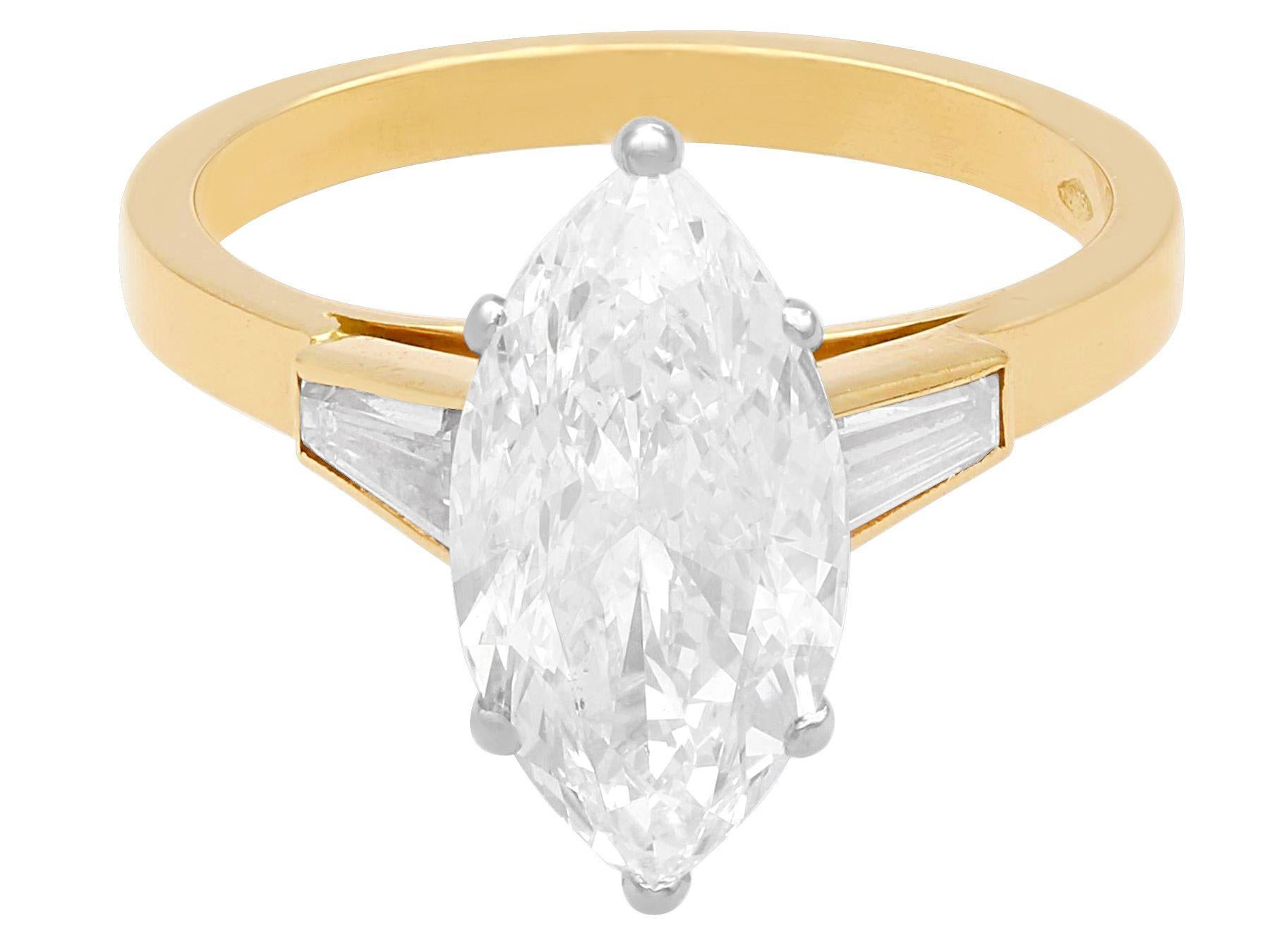 Marquise Cut Vintage 2.92 Carat Diamond and Yellow Gold Solitaire Ring For Sale