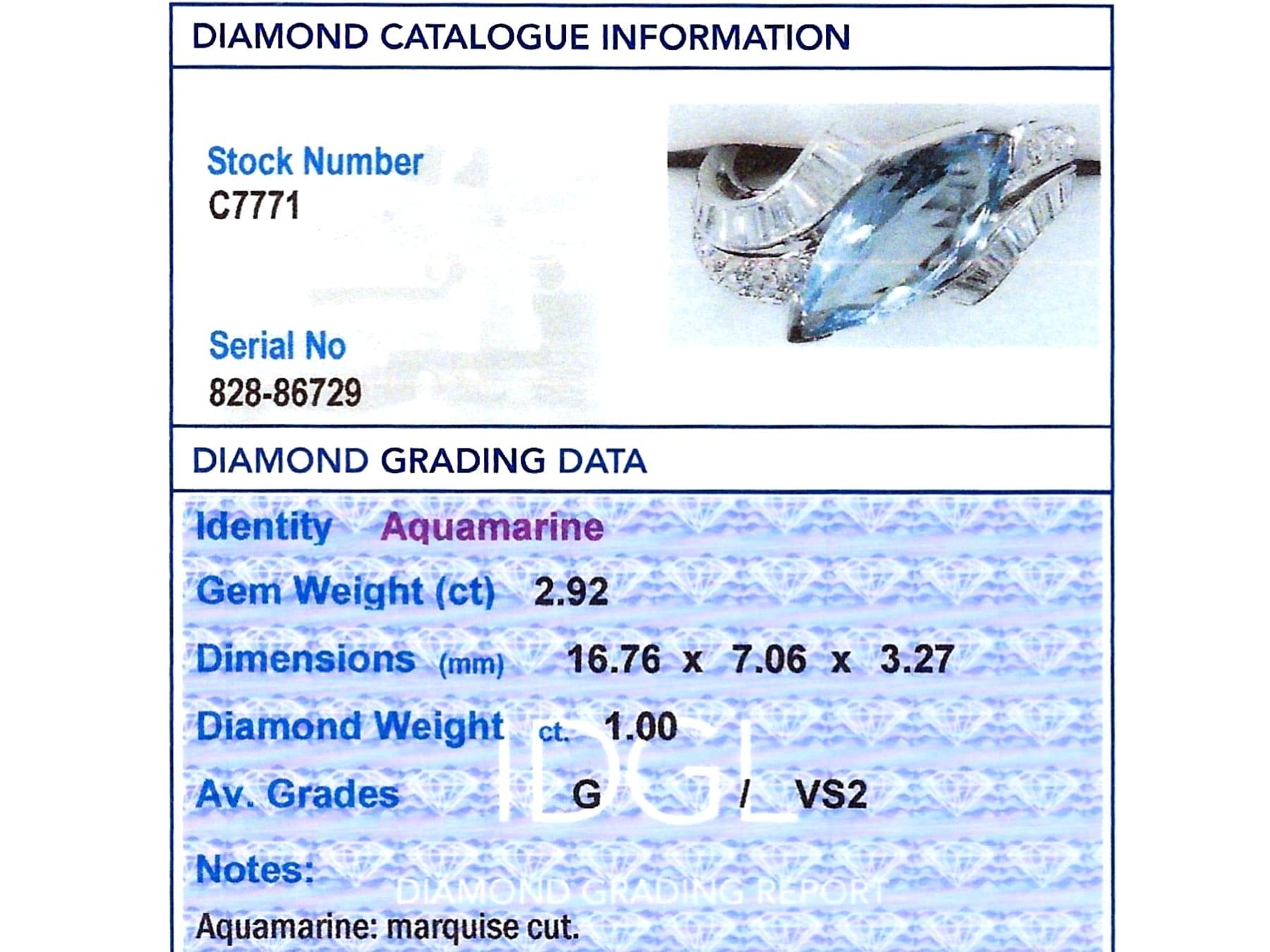 Vintage 2.92 Carat Aquamarine and 1 Carat Diamond Platinum Ring For Sale 1