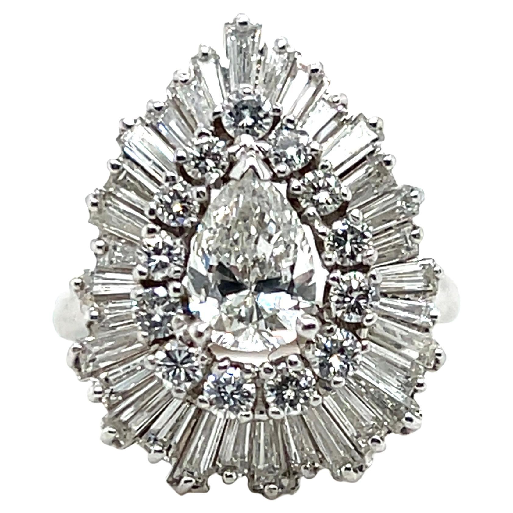 Anello Cocktail Ballerina d'epoca con diamante da 2,94tcw e oro bianco 14k 1970s