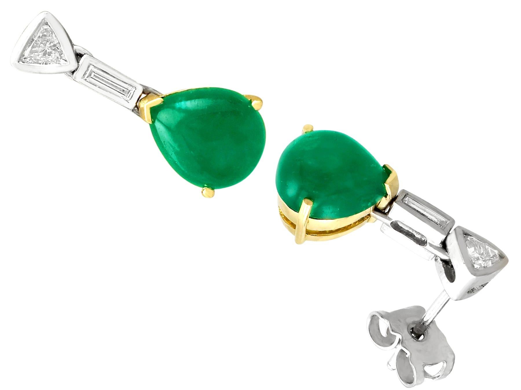 Pear Cut Vintage 2.96 Carat Cabochon Cut Emerald Diamond Yellow Gold Drop Earrings For Sale