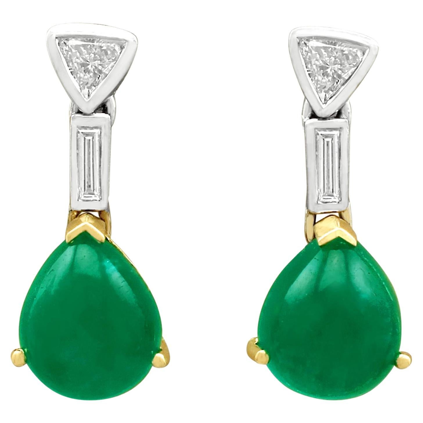 Vintage 2.96 Carat Cabochon Cut Emerald Diamond Yellow Gold Drop Earrings For Sale