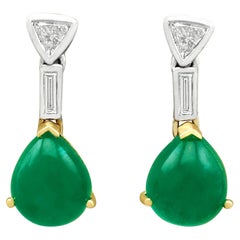 Retro 2.96 Carat Cabochon Cut Emerald Diamond Yellow Gold Drop Earrings