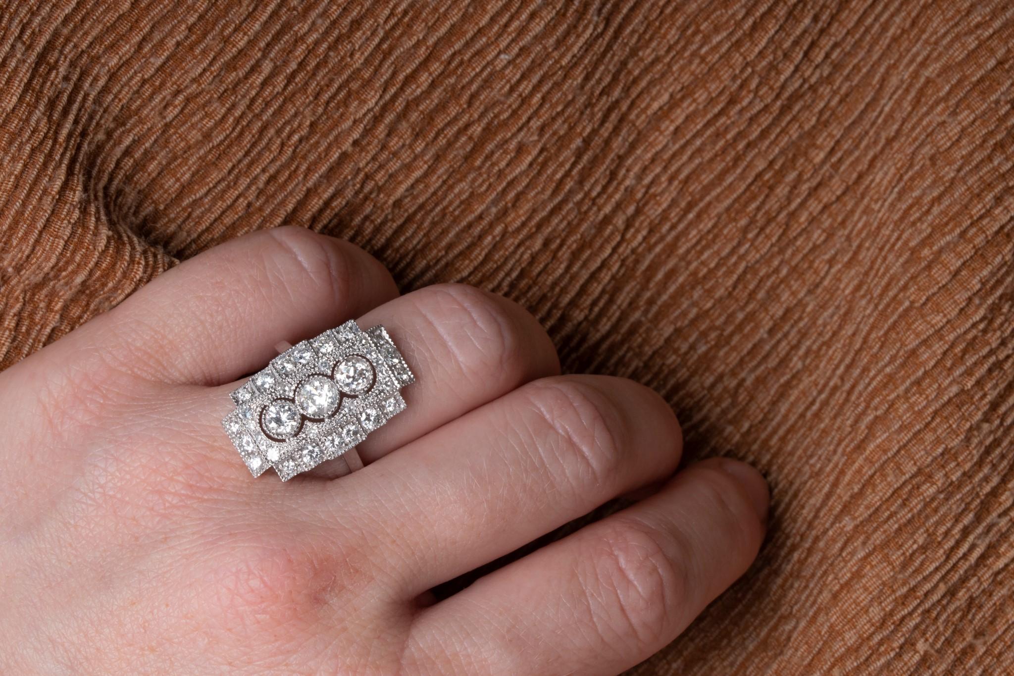 Old European Cut Vintage 2CT Diamond Engagement Art Deco Style Ring, Art Deco Diamond Panel Ring