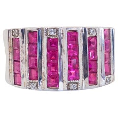 Vintage 2ct Squared Ruby & Quartz Sterling Silver Band Ring, Size 7.75