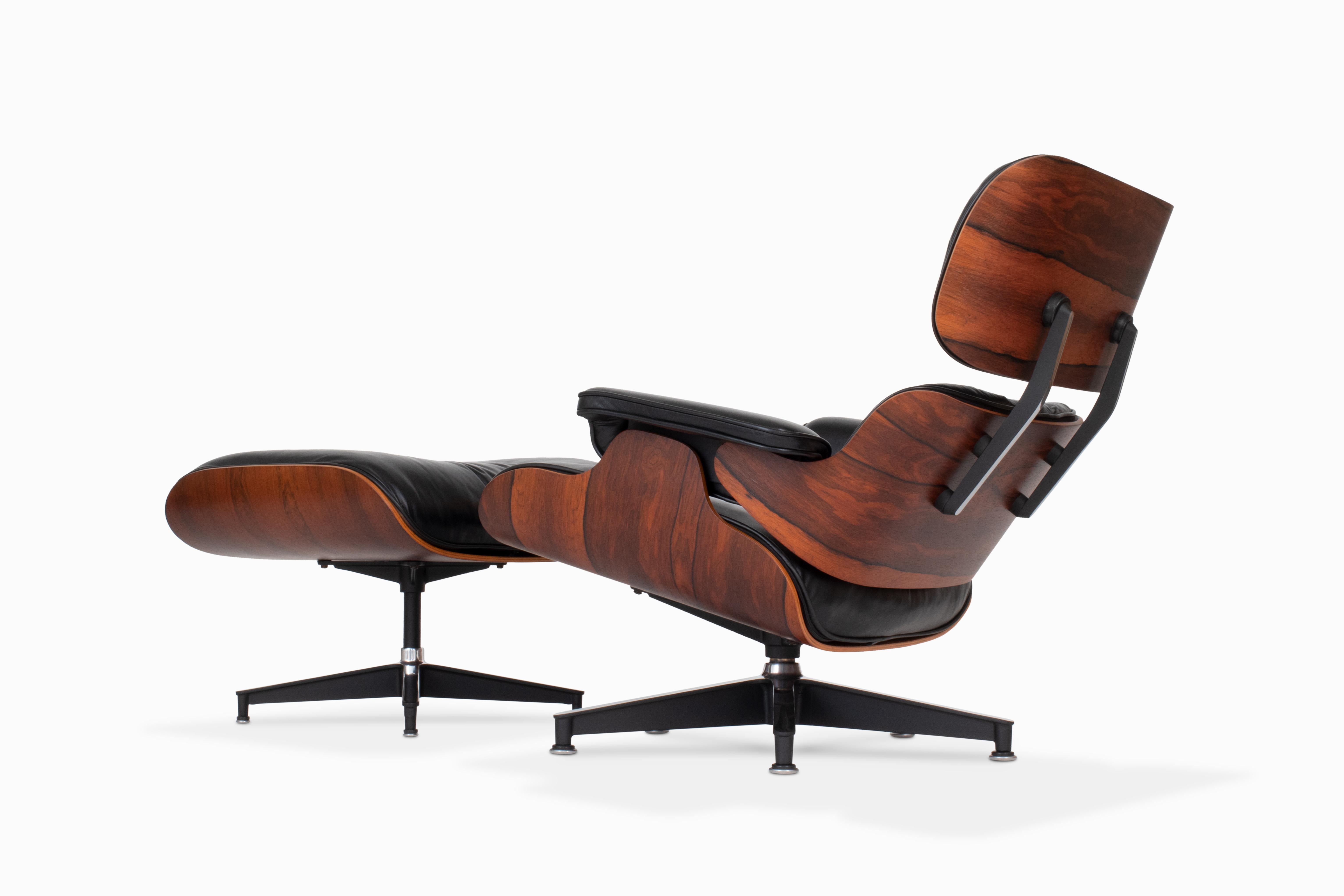 Here is a second generation (1960-1971) Rosewood Lounge Chair and Ottoman by the Eames for Herman Miller. This set is in beautifully restored condition, with original leather and down filled cushions. The 5-ply rosewood shells have been refinished,